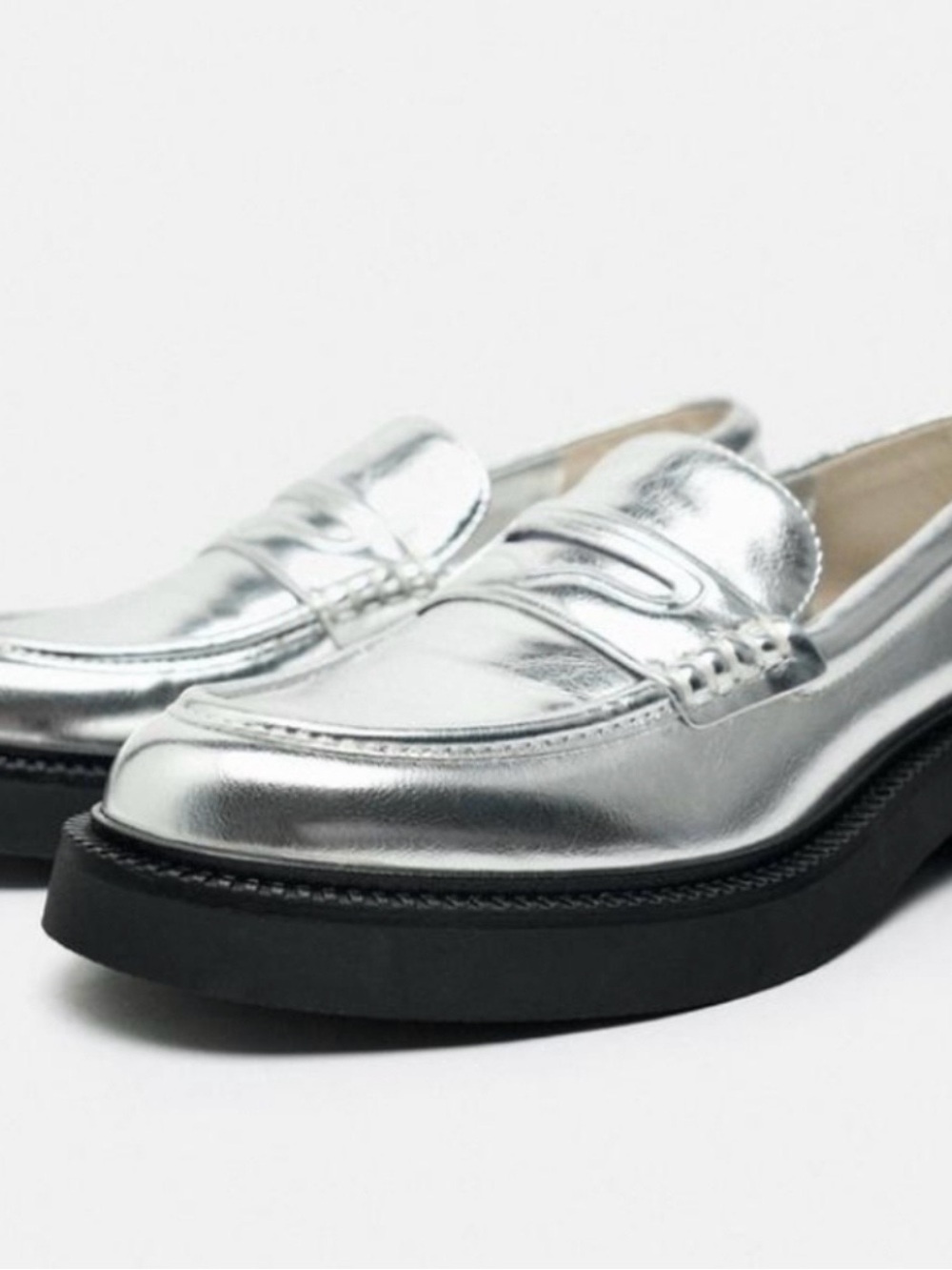 NWOT Zara Metallic Silver Loafers